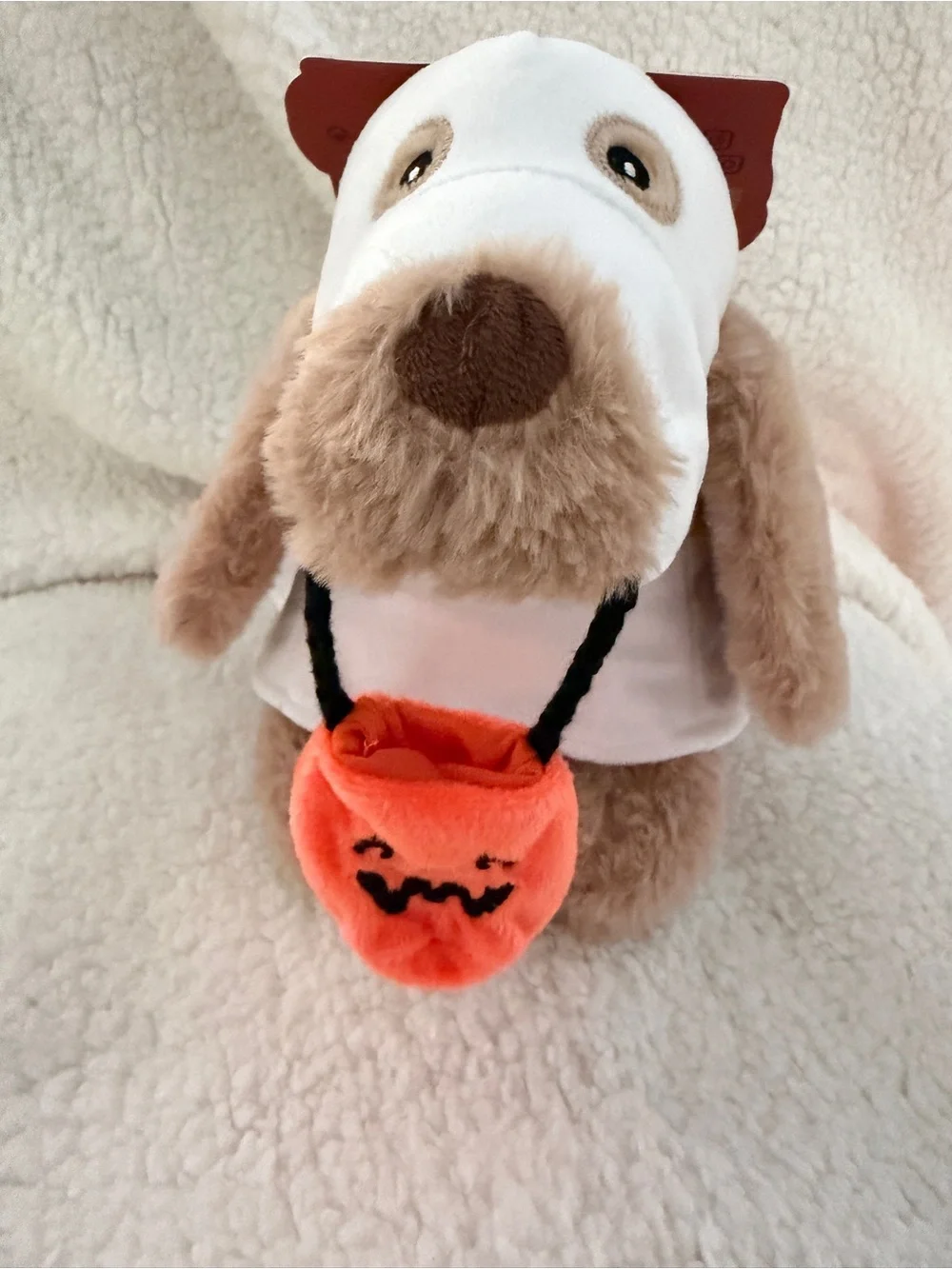 Plush Dog Toy with Orange Pumpkin Pouch - Soft Brown & White squeaker & crinkly